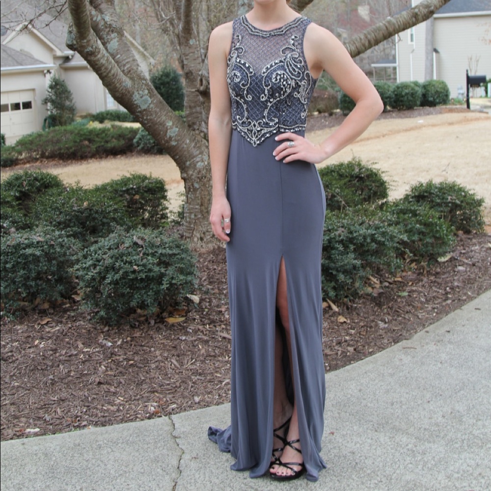 Dark Gray Grey Beaded Formal Prom Dress